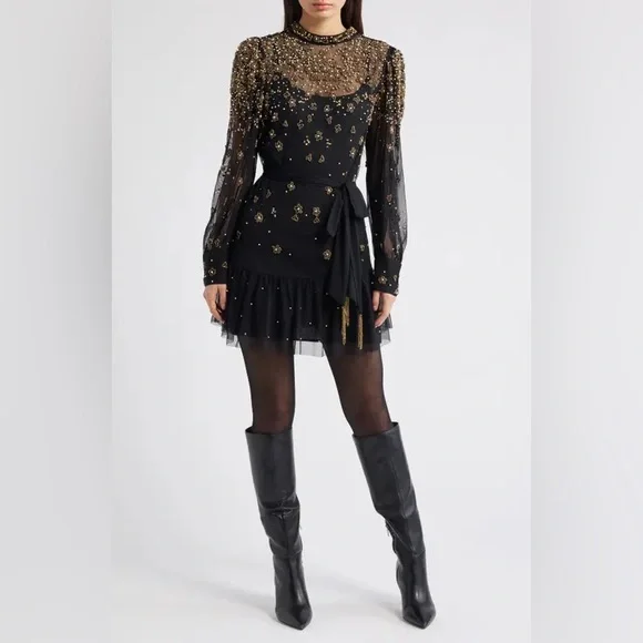 FARM RIO Black Embroidered Tulle Overlay Belted Long Sleeve Mini Dress,Small,398 - Picture 8 of 16